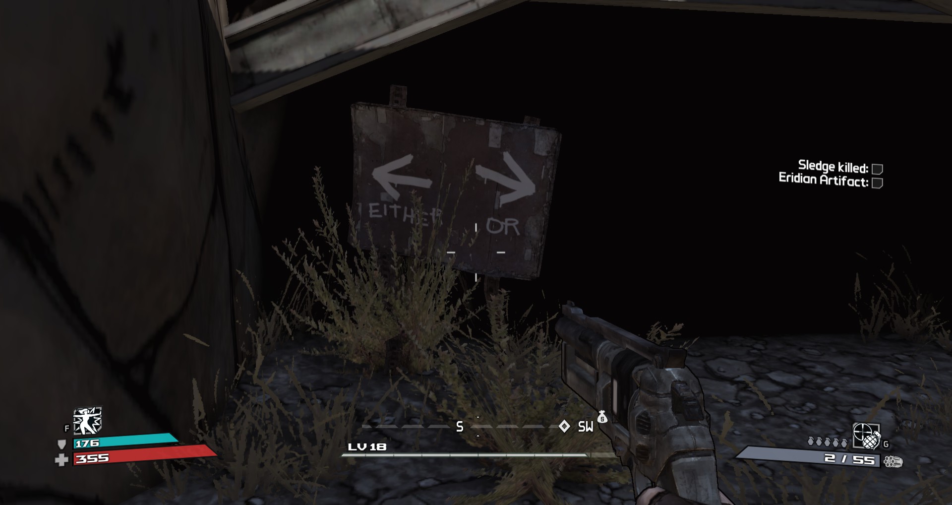 a screenshot of a sign with two arrows pointing left and right. Under the left arrow it says either and under the right arrow it says or