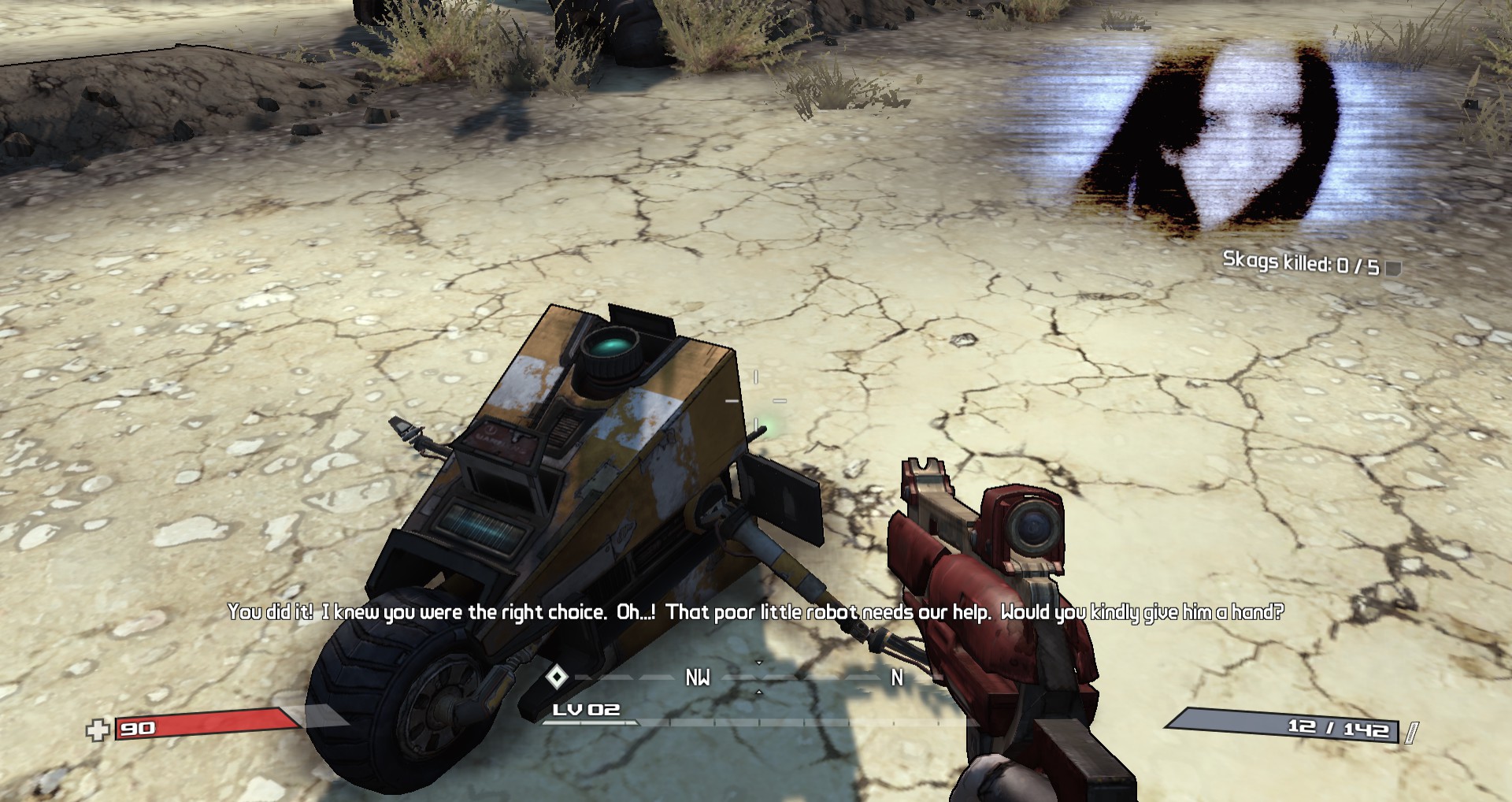 a screenshot of Borderlands 1. Claptrap is lying in disrepair on the floor while you are being told to help him by the ghost lady.